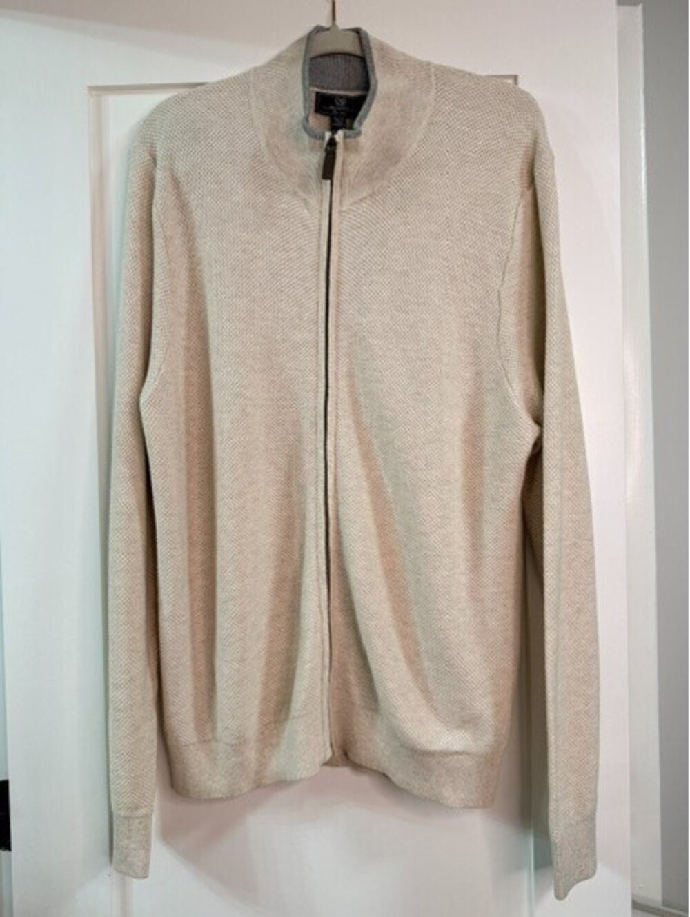 Magaschoni Men's XL Full Zip Knit Cardigan Sweater Beige NWT Luxury Cotton